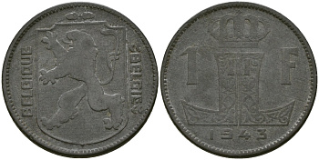 Бельгия 1 франк 1943 BELGIQUE - BELGI? KM 127 цинк 51-615