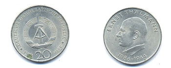 ГДР 20 марок 1971 A, 85 лет со дня рождения Эрнста Тельмана KM 34, J. 1535 медно-никель 3333-624