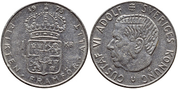 Швеция 1 крона 1973 Густав VI Адольф (1950-1973) KM 826а медь плакированная медно-никелем 4397-332