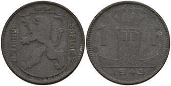 Бельгия 1 франк 1943 Belgique - Belgie, Леопольд III (1934-1947), германская оккупация, Вторая мировая война KM 127 цинк 4161-516