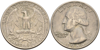 США 25 центов (квотер) 1966 Вашингтон KM 164а медь плакированная медно-никелем 4126-924