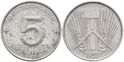 ГДР 5 пфеннигов 1952 A KM 6 алюминий 4564-1031