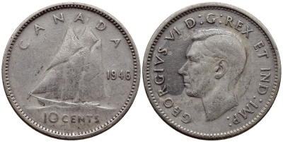 Канада 10 центов 1946 Георг VI (1937-1952), парусник KM 34 серебро 08-1458