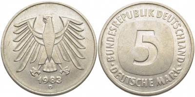 ФРГ 5 МАРОК 1983 D, KM 140.1, J. 415 медно-никель плакированный никелем 109-842