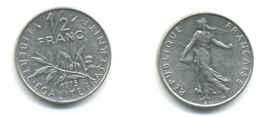 ФРАНЦИЯ 1/2 ФРАНКА 1975 KM 931.1 никель 25-934