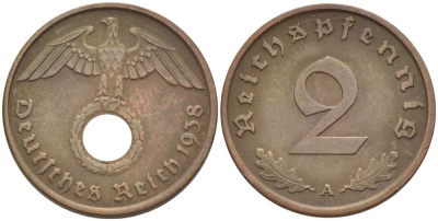 ГЕРМАНИЯ 2 РЕЙХСПФЕННИГА 1938 A KM 90, J. 362 бронза 261-926