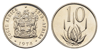 ЮАР 10 центов 1974 герб, цветок алоэ KM 85 никель PROOF 4690-1131