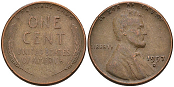 США 1 цент 1957 D, Линкольн KM А132 медь цинк 4564-267