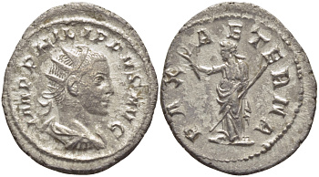 Римская Империя антониниан 247 - 249 Филипп II PAX AETERNA, Пация, персонификация Мира, Рим, Good Very fine RIC 231c серебро 1073-15-25