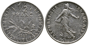 Франция 1/2 франка 1987 сеятель KM 931.1 никель 93-1426