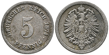 ГЕРМАНИЯ 5 ПФЕННИГОВ 1874 A, СТАРОГЕРБОВКА KM 3, J. 3 медно-никель 39-321