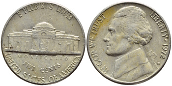 США 5 ЦЕНТОВ 1972 D, ДЖЕФФЕРСОН KM А192 медно-никель 4397-126