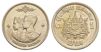 Таиланд 1 бат 1961 BE 2504, Король Рама IX и Королева Сирикит Y 83 медно-никель UNC 4646-747