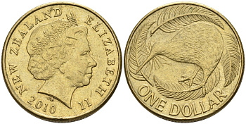 Новая Зеландия 1 доллар 2010 Елизавета II (1952-2022), птица киви  KM 120 алюминиевая бронза 57-114