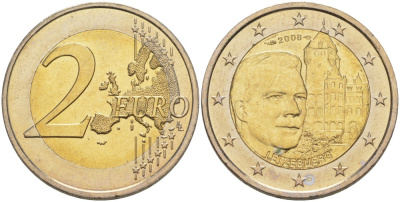 Люксембург 2 евро 2008 замки Люксембурга, замок Берг KM 96 биметалл UNC 00-00