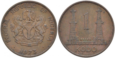 Нигерия 1 кобо 1973 нефтяные вышки KM 8.1 бронза 212-1132