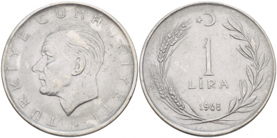 Турция 1 лира 1968 Мустафа Кемаль Ататюрк KM 889а.2 нержавеющая сталь 4548-247