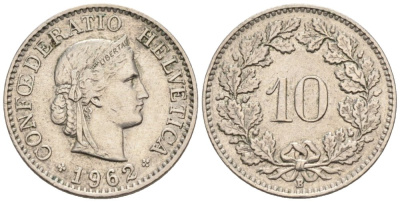 Швейцария 10 раппенов 1962 В KM 27 медно-никель 4576-951