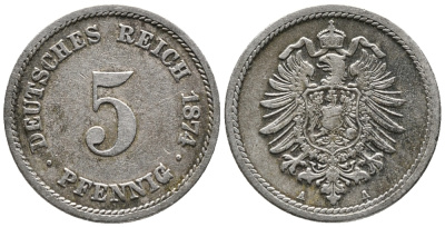 ГЕРМАНИЯ 5 ПФЕННИГОВ 1874 A, СТАРОГЕРБОВКА KM 3, J. 3 медно-никель 39-321