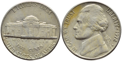 США 5 ЦЕНТОВ 1972 D, ДЖЕФФЕРСОН KM А192 медно-никель 4397-126