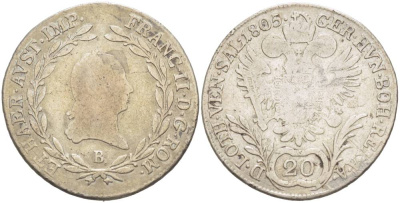 АВСТРИЯ 20 КРЕЙЦЕРОВ 1805 В, ФРАНЦ II (1792-1806) KM 2140 серебро 4545-613