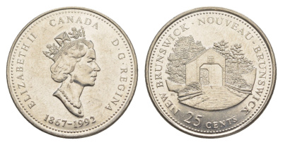Канада 25 центов 1992 125 лет Конфедерации Канада - Новый Бронсвик KM 203 никель UNC 4637-852