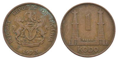 Нигерия 1 кобо 1973 нефтяные вышки KM 8.1 бронза 4700-1222