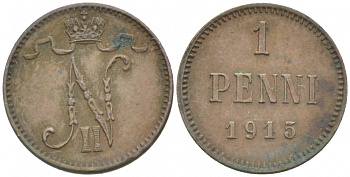 РОССИЯ ДЛЯ ФИНЛЯНДИИ 1 ПЕННИ 1915 НИКОЛАЙ II KM 13, Биткин 475 медь 261-1134