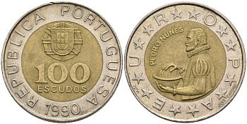 Португалия 100 эскудо 1990 Педру Нуниш (1502-1578), математик KM 645.1 биметалл 4571-952
