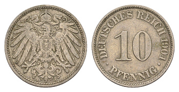 Германия 10 пфеннигов 1901 A, Вильгельм II (1888-1918) KM 12, J. 13 медно-никель 4647-913