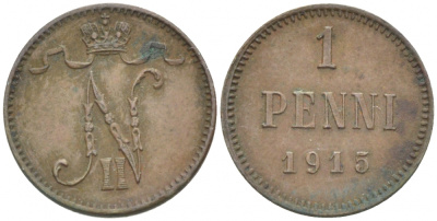 РОССИЯ ДЛЯ ФИНЛЯНДИИ 1 ПЕННИ 1915 НИКОЛАЙ II KM 13, Биткин 475 медь 261-1134