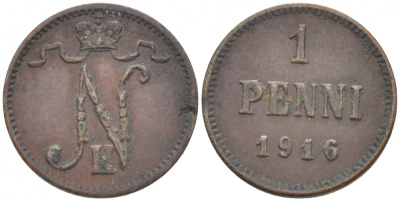 РОССИЯ ДЛЯ ФИНЛЯНДИИ 1 ПЕННИ 1916 НИКОЛАЙ II (1895-1917) KM 13, Биткин 476 медь 211-1065
