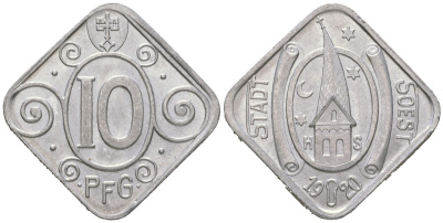 Зоест (Пруссия, Вестфалия) 10 пфеннингов 1920 Funck 504.5, Men18 29530.22 алюминий aUNC 4169-1151