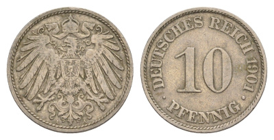 Германия 10 пфеннигов 1901 A, Вильгельм II (1888-1918) KM 12, J. 13 медно-никель 4647-913