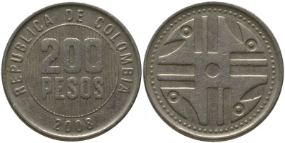 Колумбия 200 песо 2008 KM 287.4, Schon 113, Restrepo 446 никель латунь 4538-355