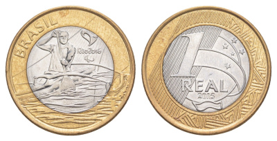 Бразилия 1 реал 2015 XV летние Паралимпийские игры, Рио-де-Жанейро 2016 - Параканоэ KM 706 биметалл UNC 4646-151