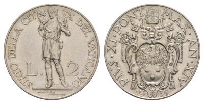 Ватикан 2 лиры 1935 Пий XI (1922-1939) KM 6 никель aUNC 4652-725