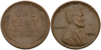 США 1 цент 1953 Авраам Линкольн KM A132 латунь 4121-842