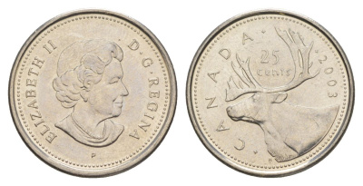 Канада 25 центов 2003 P, Елизавета II (1952-2022), олень KM 493 сталь плакированная никелем aUNC 4631-714