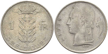 БЕЛЬГИЯ 1 ФРАНК 1958 BELGIQUE, БОДУЭН I (1951-1993) KM 142.1 медно-никель 119-445