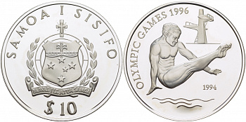 Самоа 10 тала 1994 летние Олимпийские игры 1996 года в Атланте, прыжки в воду KM 91 серебро PROOF 11-102-24