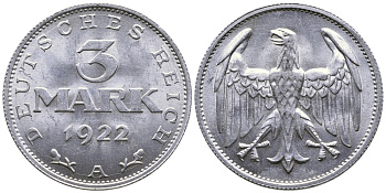 ГЕРМАНИЯ 3 МАРКИ 1922 А KM 28, J. 302 алюминий 4380-712