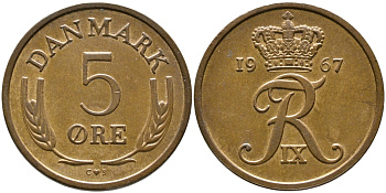 ДАНИЯ 5 ЭРЕ 1967 C; S, ФРЕДЕРИК IX (1947-1972) KM 848.1 бронза 28-1052