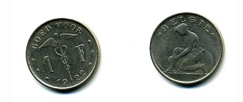 БЕЛЬГИЯ 1 ФРАНК 1922 BELGIE KM 90 никель 58-1235