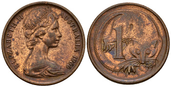 Австралия 1 цент 1966 Елизавета II (1953-), молодой портрет, опоссум KM 62 бронза 4602-211