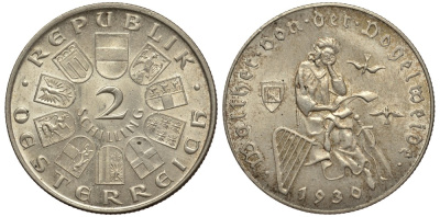 Австрия 2 шиллинга 1930 700 лет со дня смерти Фогельвайде KM 2845 серебро 413-4712