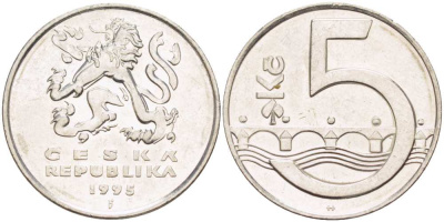 Чехия 5 крон 1995 чешский лев, Карлов мост KM 8 сталь плакированная никелем 4514-726