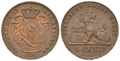 Бельгия 1 сантим 1894 Belgen, Леопольд II (1865-1909) KM 34.1 медь aUNC 4621-637