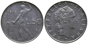 ИТАЛИЯ 50 ЛИР 1975 R, БОГ ОГНЯ ВУЛКАН У НАКОВАЛЬНИ KM 95.1 нержавеющая сталь 91-544