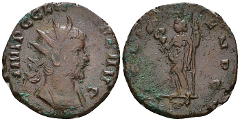 Римская Империя антониниан 269 Клавдий II Готский, IMP C CLAVDIVS P F AVG, бюст императора / FELIC TEMPO, Фелицитата, персонификация Счастья, Медиолан RIC 145 (var) биллон 1073-25-32